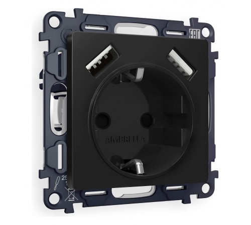 Розетка с заземлением и со шторкой и 2хUSB type A, без рамки Ambrella Volt MA809010 Quant