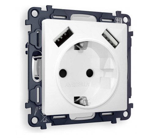 Розетка с заземлением и со шторкой и 2хUSB type A, без рамки Ambrella Volt MA109010 Quant