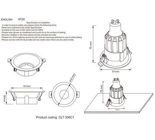Светильник встраиваемый Crystal Lux CLT 006C1 BL