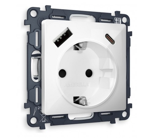 Розетка с заземлением и 2хUSB type A и C, без рамки Ambrella Volt MA110010 Quant