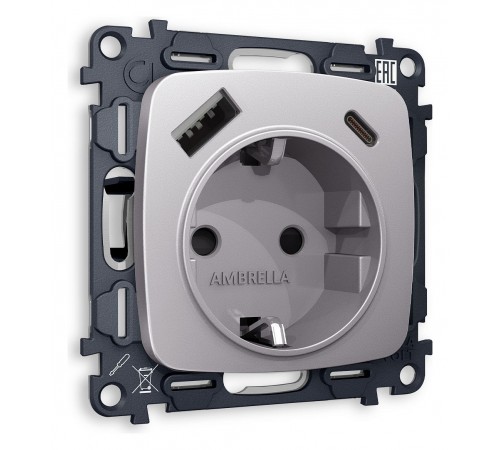 Розетка с заземлением и 2хUSB type A и C, без рамки Ambrella Volt MO510010 Quant