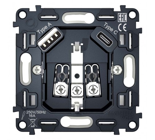 Механизм розетки с заземлением и 2хUSB type A и C Ambrella Volt VM160 Quant