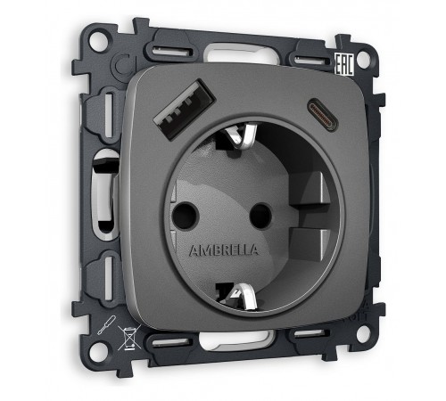Розетка с заземлением и 2хUSB type A и C, без рамки Ambrella Volt MO660010 Quant