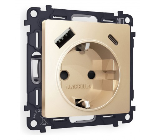 Розетка с заземлением и 2хUSB type A и C, без рамки Ambrella Volt MA610010 Quant