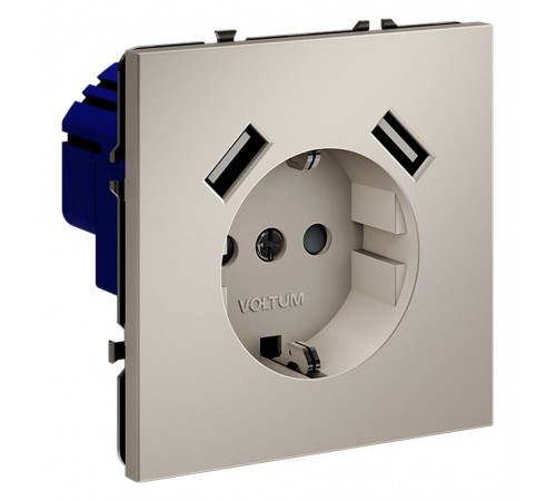 Розетка с заземлением и со шторкой и 2хUSB type A, без рамки Voltum VLS040403 S70