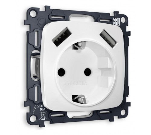 Розетка с заземлением и 2хUSB type A, без рамки Ambrella Volt MO129010 Quant