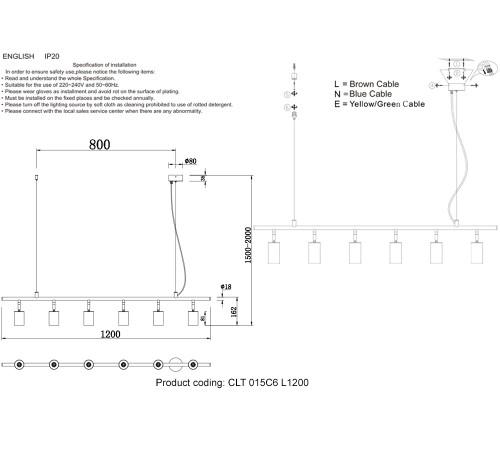 Светильник потолочный Crystal Lux CLT 015C6 L1200 BL
