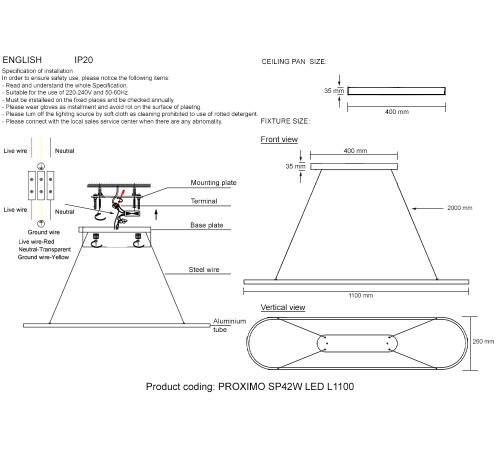 Светильник подвесной Crystal Lux PROXIMO SP42W LED L1100 BLACK