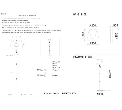 Торшер Crystal Lux RENATA PT1 GOLD