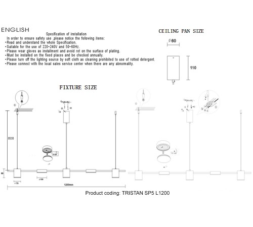 Светильник подвесной Crystal Lux TRISTAN SP5 L1200 BLACK