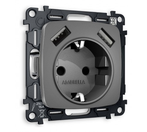 Розетка с заземлением и 2хUSB type A, без рамки Ambrella Volt MO659010 Quant