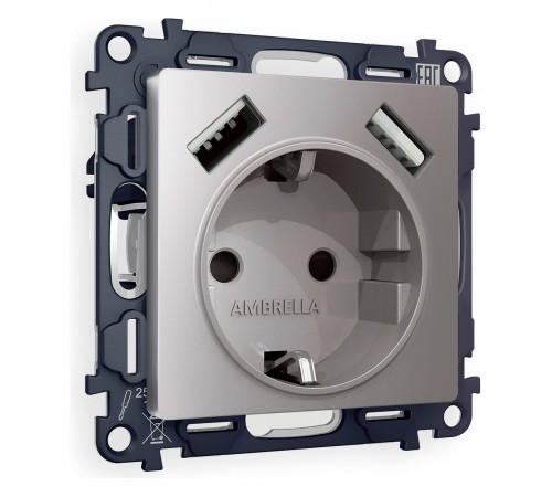 Розетка с заземлением и со шторкой и 2хUSB type A, без рамки Ambrella Volt MA509010 Quant