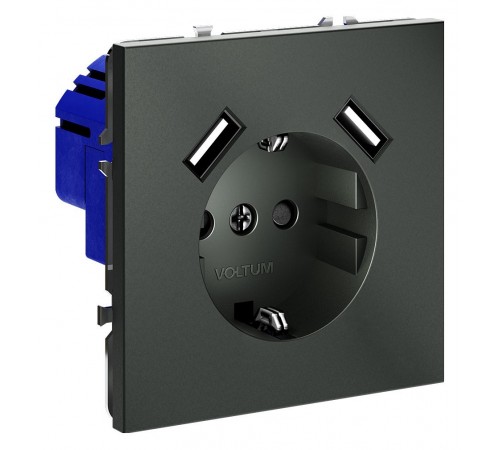 Розетка с заземлением и со шторкой и 2хUSB type A, без рамки Voltum VLS040406 S70