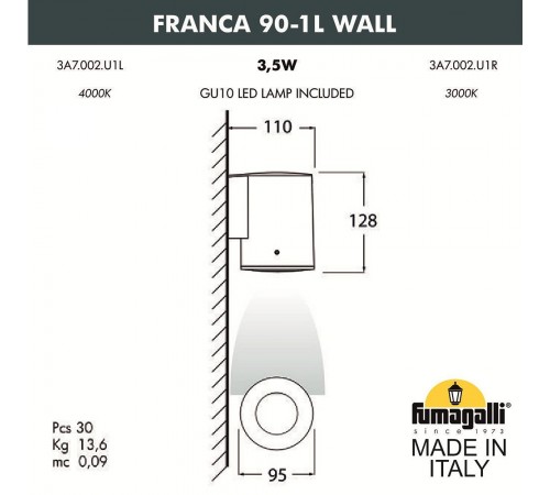 Светильник на штанге Fumagalli 3A7.002.000.LXU1L Franca 90