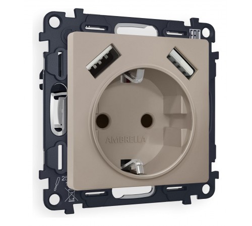 Розетка с заземлением и со шторкой и 2хUSB type A, без рамки Ambrella Volt MA369010 Quant