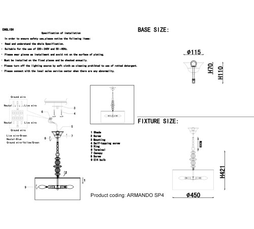 Светильник подвесной Crystal Lux ARMANDO SP4 CHROME