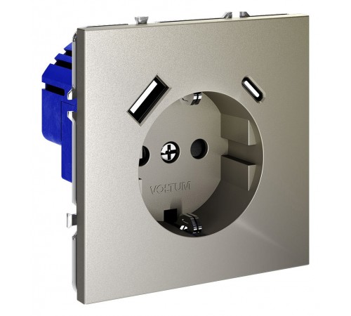 Розетка с заземлением и со шторкой и 2хUSB type A и C, без рамки Voltum VLS040504 S70