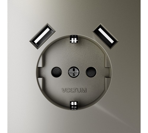 Розетка с заземлением и со шторкой и 2хUSB type A, без рамки Voltum VLS040404 S70