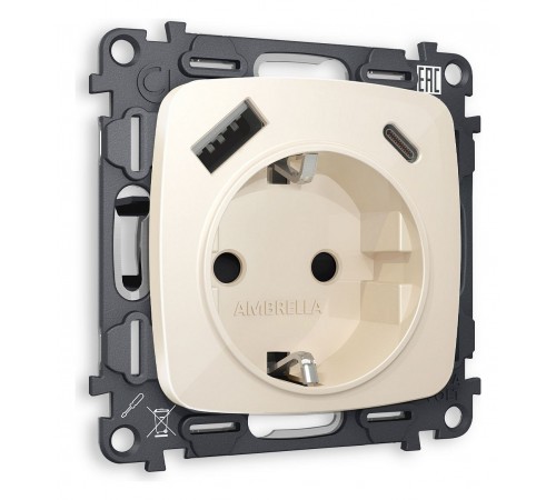Розетка с заземлением и 2хUSB type A и C, без рамки Ambrella Volt MO310010 Quant
