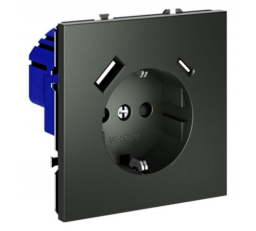 Розетка с заземлением и со шторкой и 2хUSB type A и C, без рамки Voltum VLS040506 S70