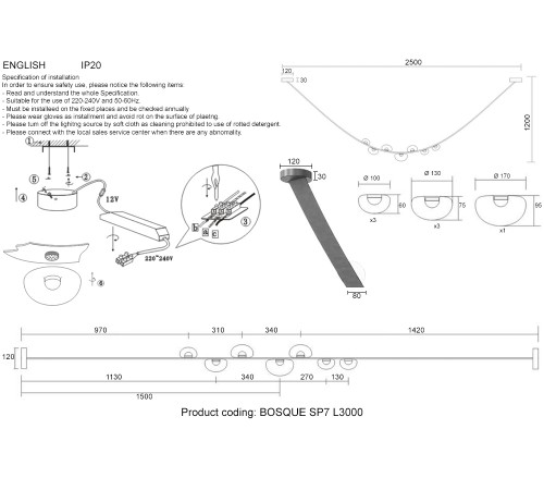 Светильник подвесной Crystal Lux BOSQUE SP7 L3000 BLACK/TRANSPARENT