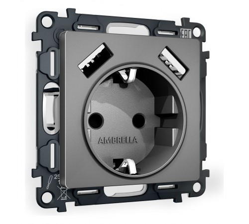 Розетка с заземлением и со шторкой и 2хUSB type A, без рамки Ambrella Volt MA659010 Quant