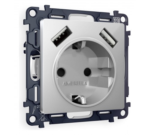 Розетка с заземлением и со шторкой и 2хUSB type A, без рамки Ambrella Volt MA409010 Quant