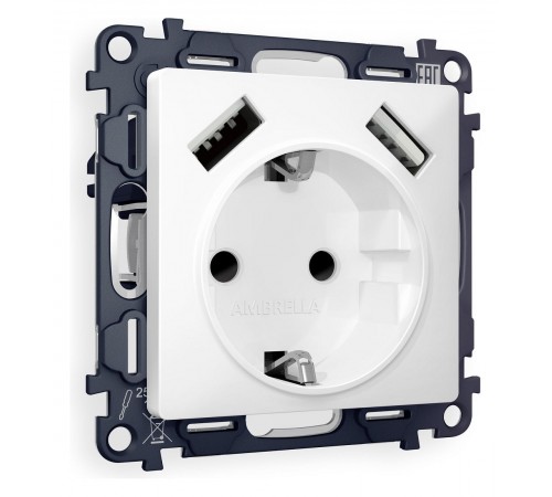 Розетка с заземлением и со шторкой и 2хUSB type A, без рамки Ambrella Volt MA129010 Quant