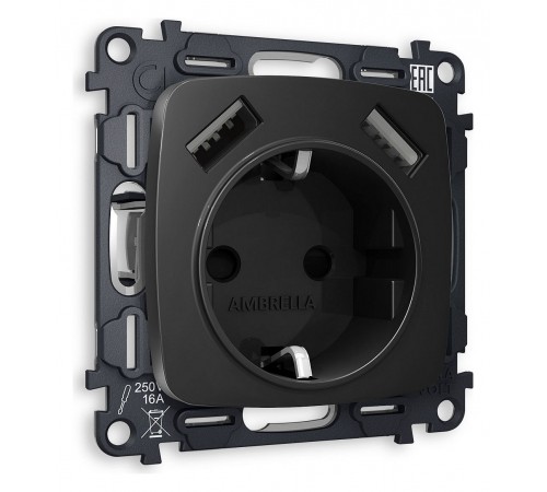 Розетка с заземлением и 2хUSB type A, без рамки Ambrella Volt MO809010 Quant