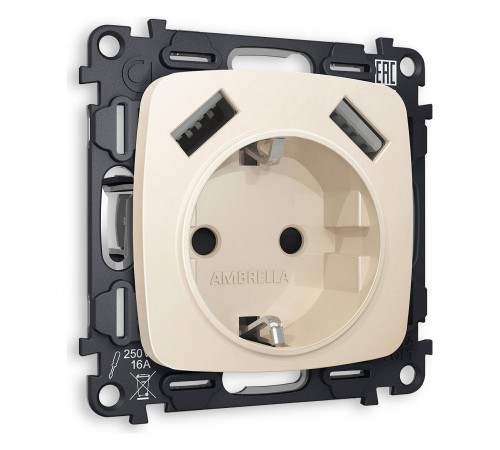 Розетка с заземлением и 2хUSB type A, без рамки Ambrella Volt MO329010 Quant