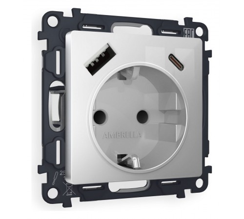 Розетка с заземлением и 2хUSB type A и C, без рамки Ambrella Volt MA410010 Quant