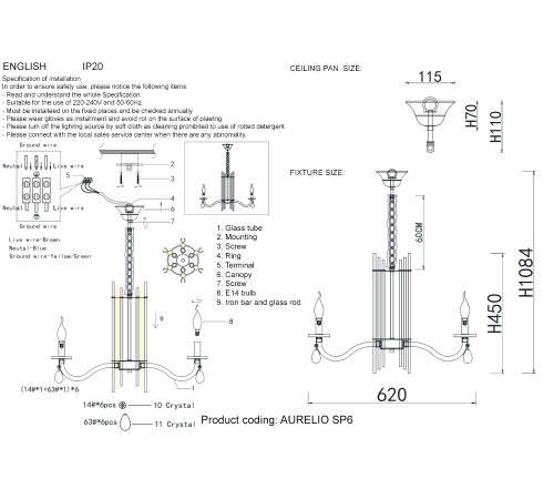 Люстра Crystal Lux AURELIO SP6 GOLD+CHROME/TRANSPARENT