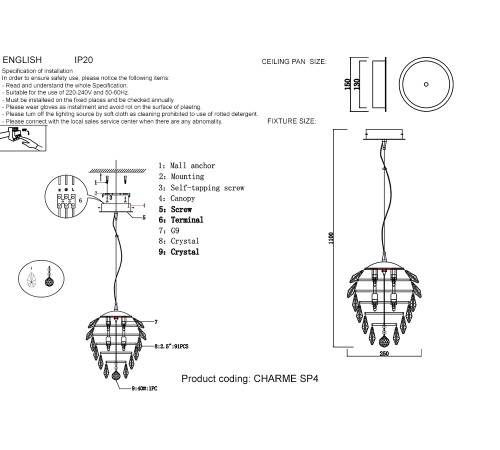 Светильник подвесной Crystal Lux CHARME SP4 CHROME/TRANSPARENT