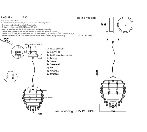 Светильник подвесной Crystal Lux CHARME SP6 CHROME/TRANSPARENT