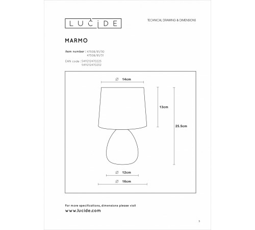 Настольная лампа декоративная Lucide 47508/81/30 Marmo