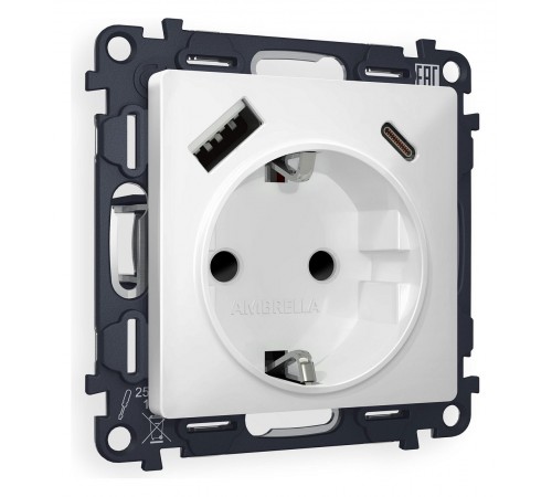 Розетка с заземлением и 2хUSB type A и C, без рамки Ambrella Volt MA130010 Quant