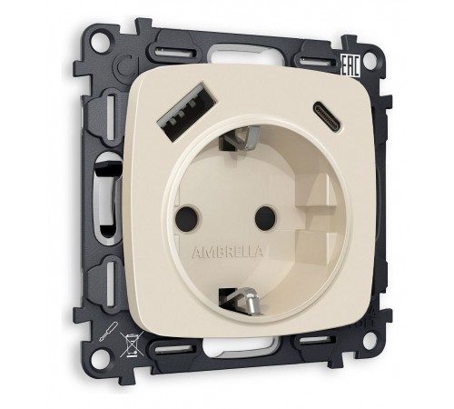 Розетка с заземлением и 2хUSB type A и C, без рамки Ambrella Volt MO330010 Quant