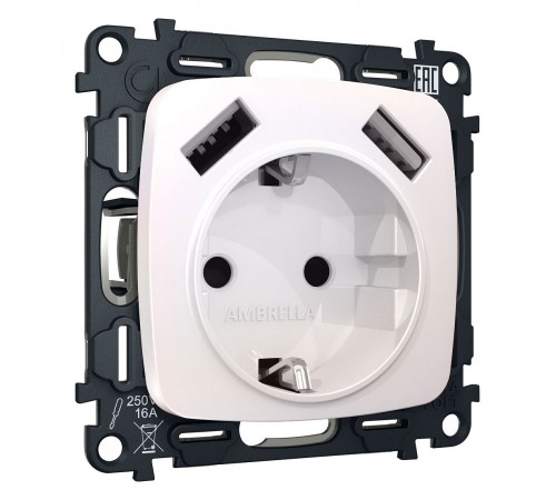 Розетка с заземлением и 2хUSB type A, без рамки Ambrella Volt MO209010 Quant