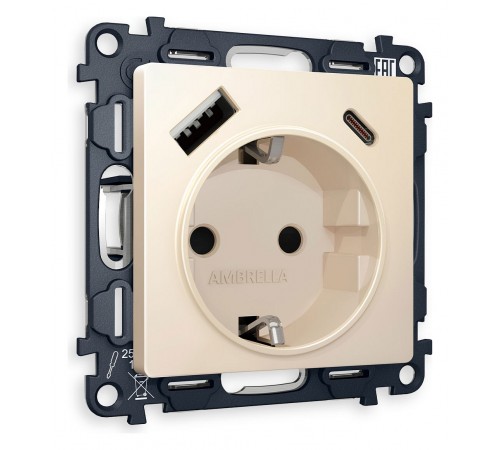 Розетка с заземлением и 2хUSB type A и C, без рамки Ambrella Volt MA330010 Quant