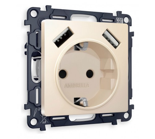 Розетка с заземлением и со шторкой и 2хUSB type A, без рамки Ambrella Volt MA329010 Quant