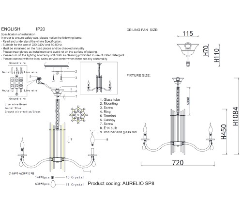 Люстра Crystal Lux AURELIO SP8 GOLD+CHROME/TRANSPARENT