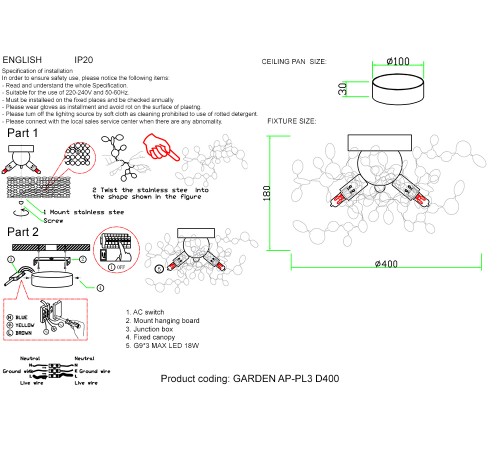 Бра Crystal Lux GARDEN AP-PL3 D400 GOLD