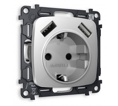 Розетка с заземлением и 2хUSB type A, без рамки Ambrella Volt MO409010 Quant