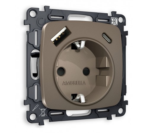 Розетка с заземлением и 2хUSB type A и C, без рамки Ambrella Volt MO640010 Quant