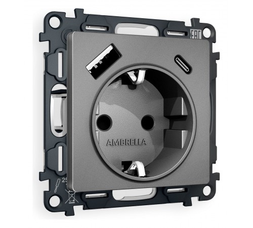 Розетка с заземлением и 2хUSB type A и C, без рамки Ambrella Volt MA660010 Quant