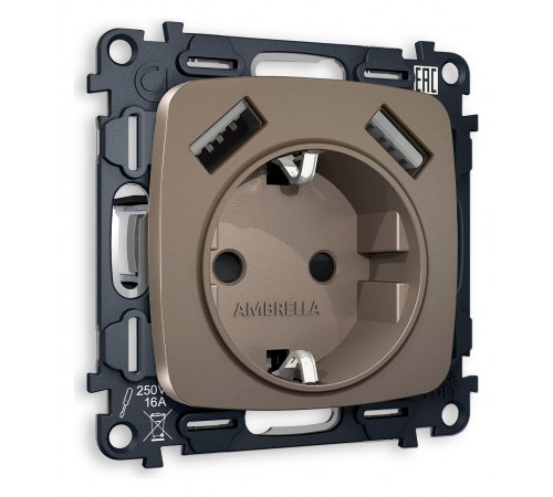 Розетка с заземлением и 2хUSB type A, без рамки Ambrella Volt MO639010 Quant