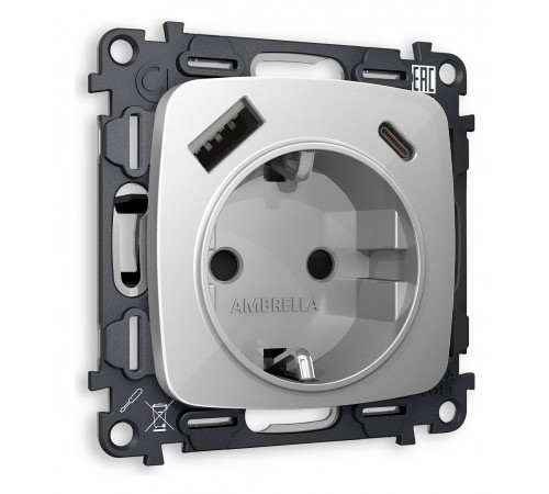 Розетка с заземлением и 2хUSB type A и C, без рамки Ambrella Volt MO410010 Quant
