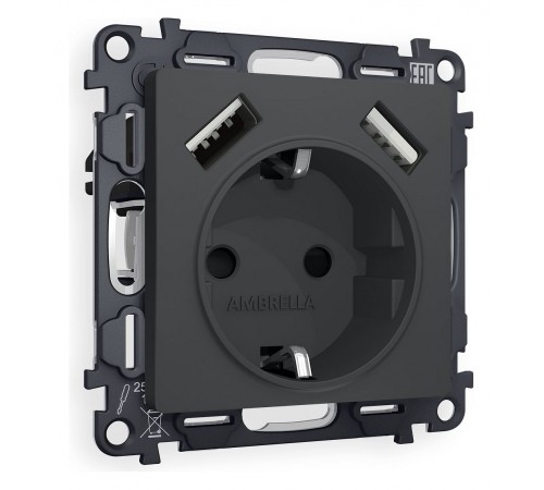 Розетка с заземлением и со шторкой и 2хUSB type A, без рамки Ambrella Volt MA909010 Quant