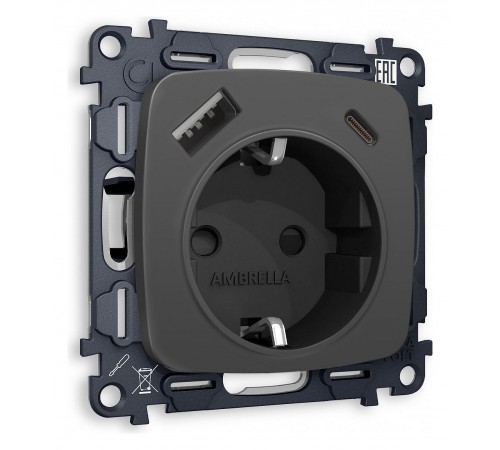 Розетка с заземлением и 2хUSB type A и C, без рамки Ambrella Volt MO910010 Quant