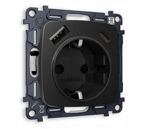 Розетка с заземлением и 2хUSB type A и C, без рамки Ambrella Volt MO810010 Quant